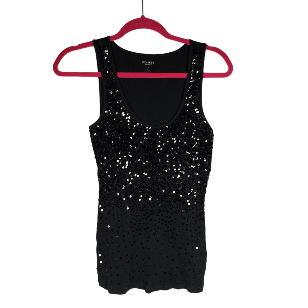 Express Women's size Small Sexy Basic Black w/ Black Sequins Cotton Tank Top